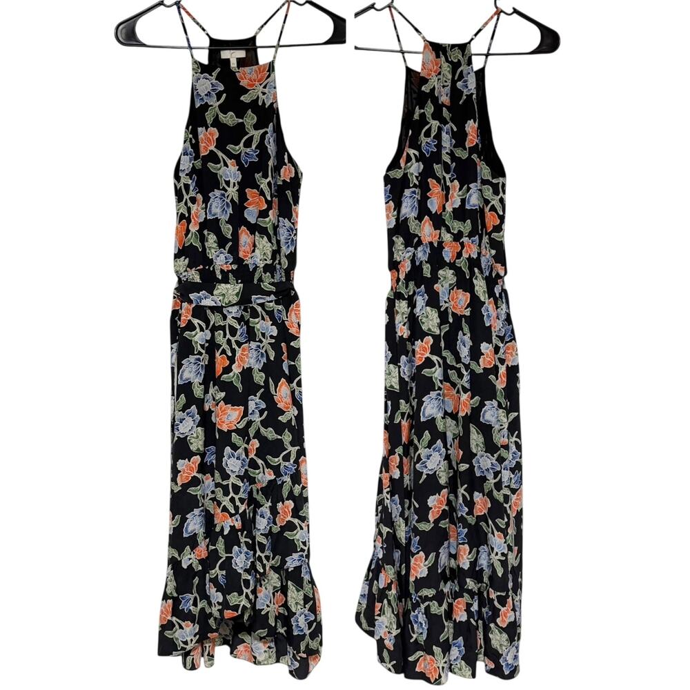 JOIE Deme Silk Midi Dress Size XS Floral Print Black Blue Wedding Guest